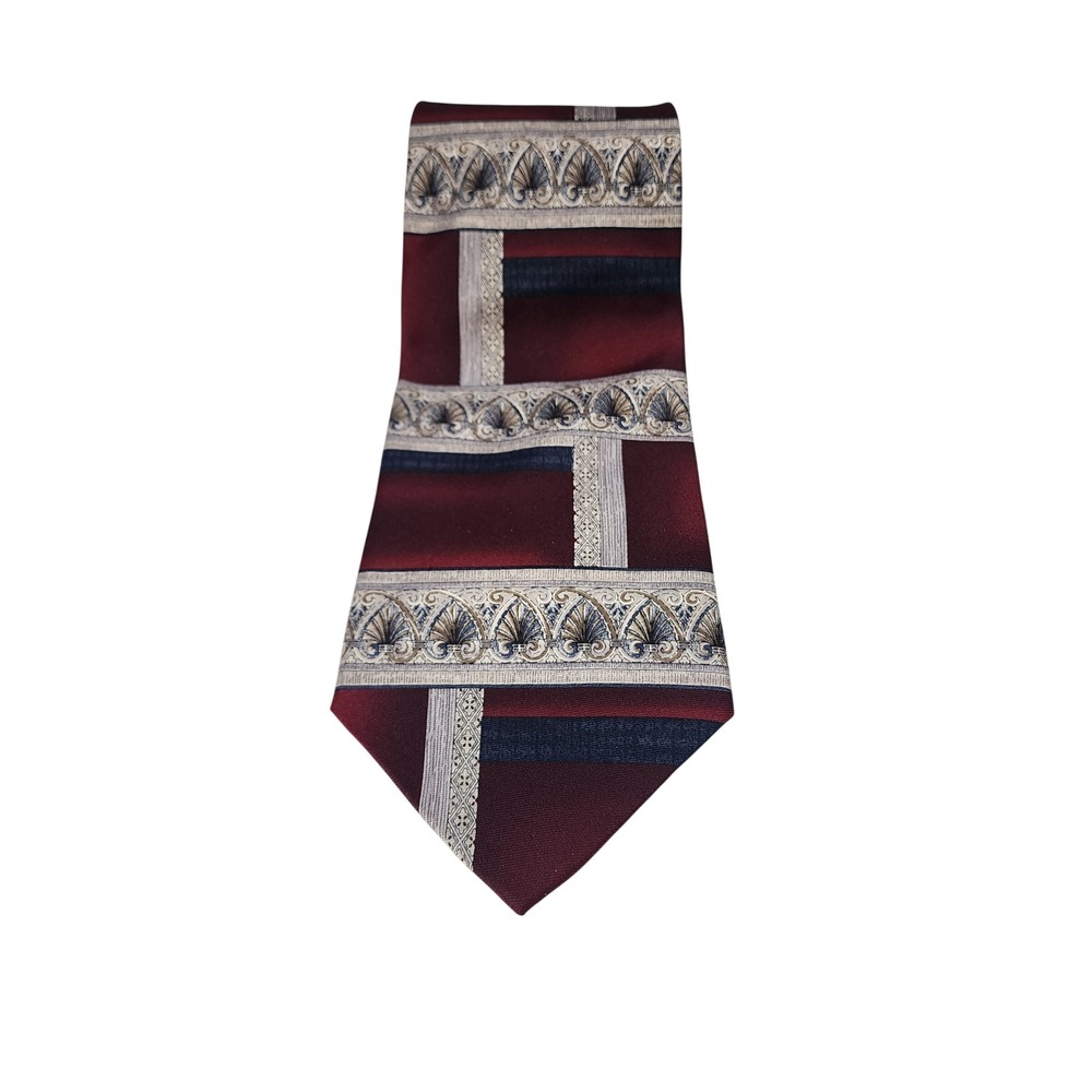 Pierre Cardin Men Silk Tie Vintage Ornate Geometric Burgundy Navy Blue Silver